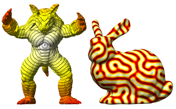  Figure 1.11: Left: Visualizations of the geodesic distance from the black dot marked on the Armadillo. The colormap transitions from white to yellow to indicate the increases in the distance. Right: Pattern formation on the Stanford bunny.