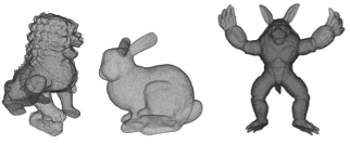 FigureB.8: Pointclouds forthesurfacesconsideredintheapplications: ChineseGuardianLion(Nh=436605),StanfordBunny(Nh=291804),and Armadillo(Nh=872773).